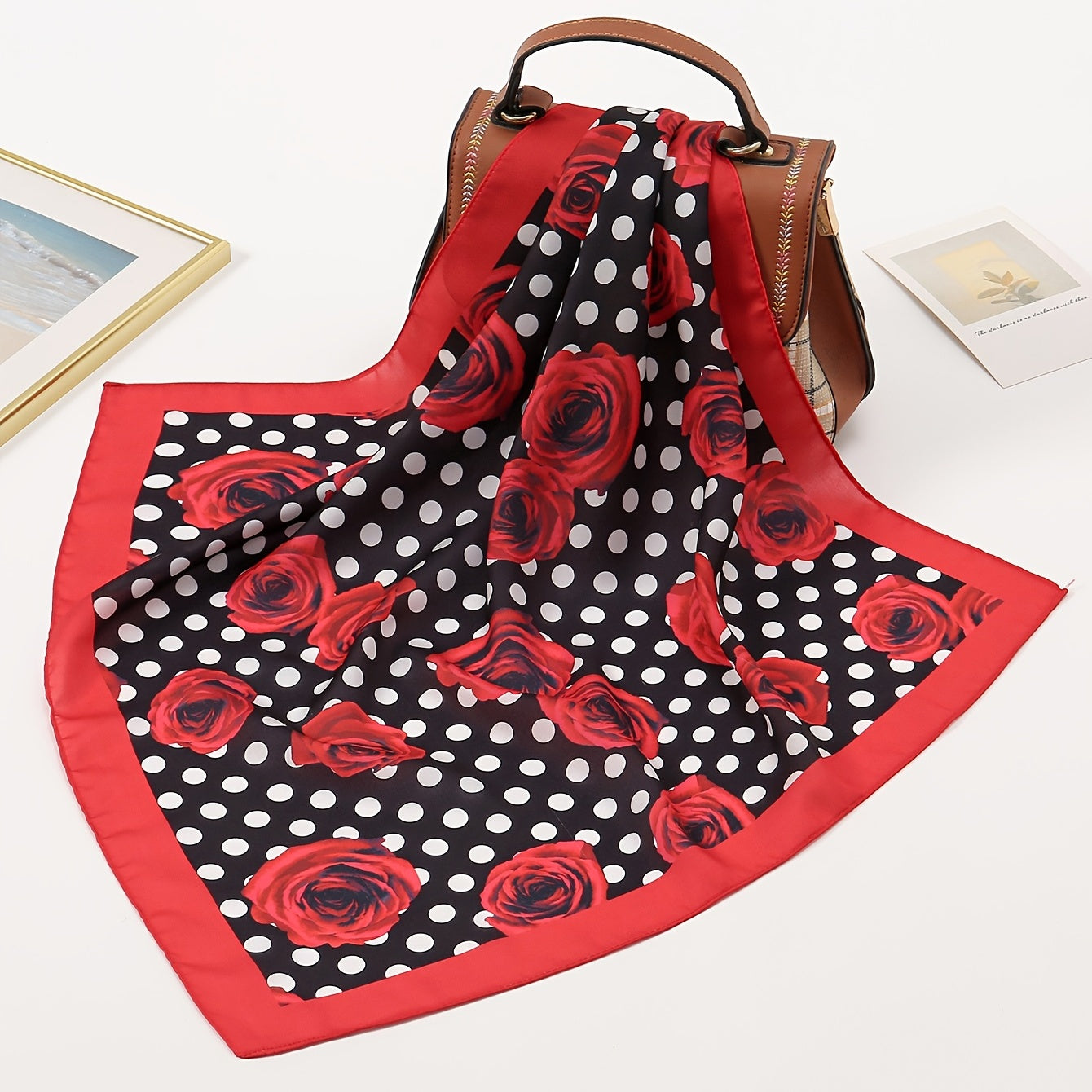 Polka Dot Rose Print Bandana Red Square Scarf Necke...