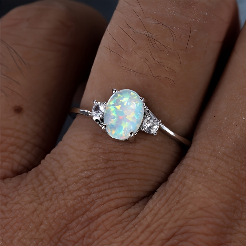 Opal Stone Engagement Ring Classic Silver Crystal Oval Wedding Rings For Women