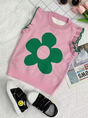 Girls Flower Graphic Knit Sweater Vest Sleeveless Ruffle Trim