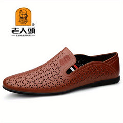LAORENTOU Men Hollow Out Leather Loafer Shoes Slip On Lightweight Soft Sole