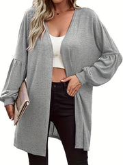  Solid Lantern Sleeve Open Front Cardigan