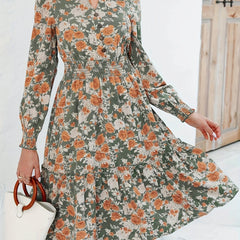 Women's Plus Floral Print Lantern Sleeve V Neck Dress