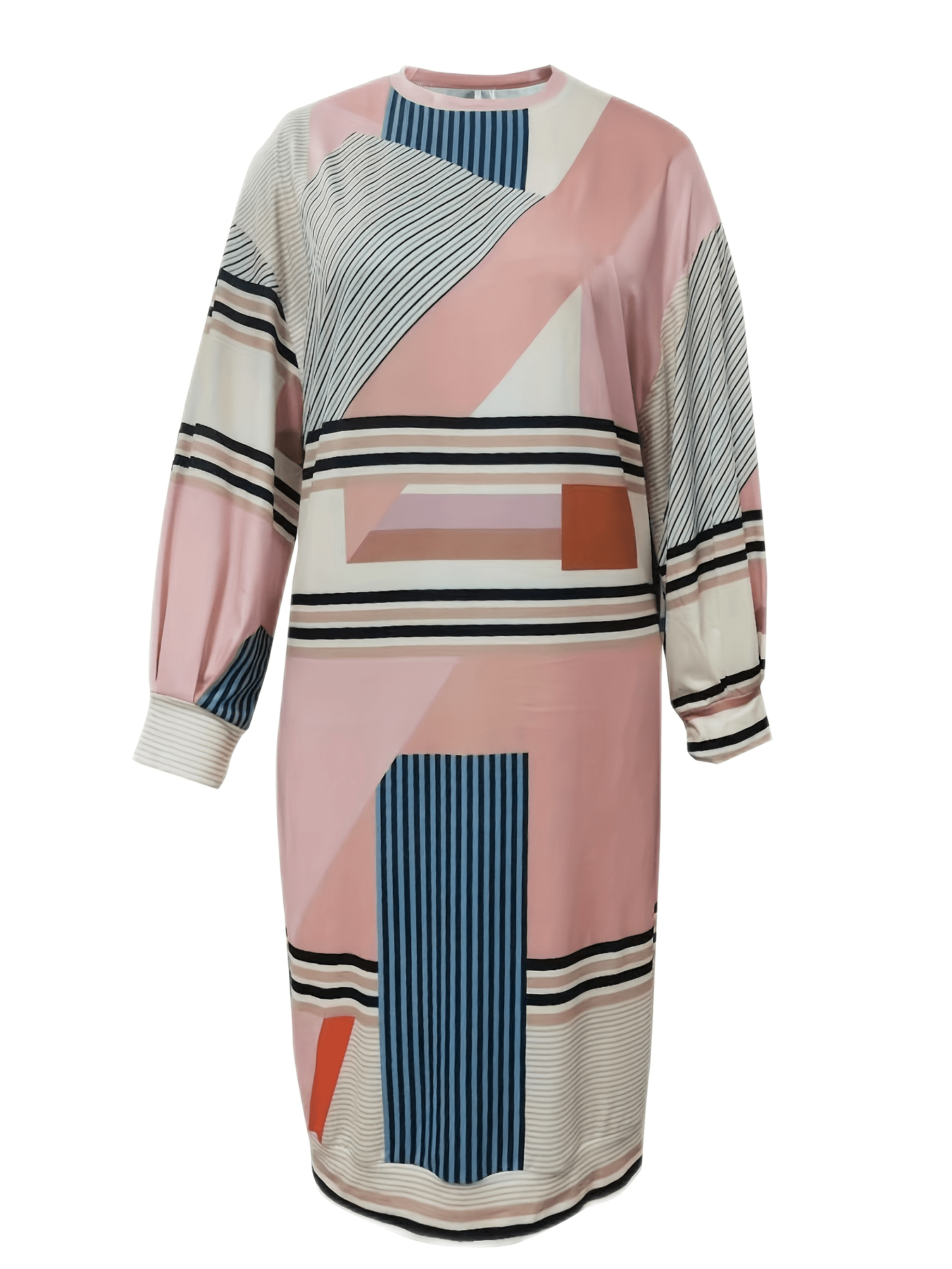  Colorblock Stripe Print Lantern Sleeve Midi Dress