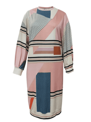  Colorblock Stripe Print Lantern Sleeve Midi Dress