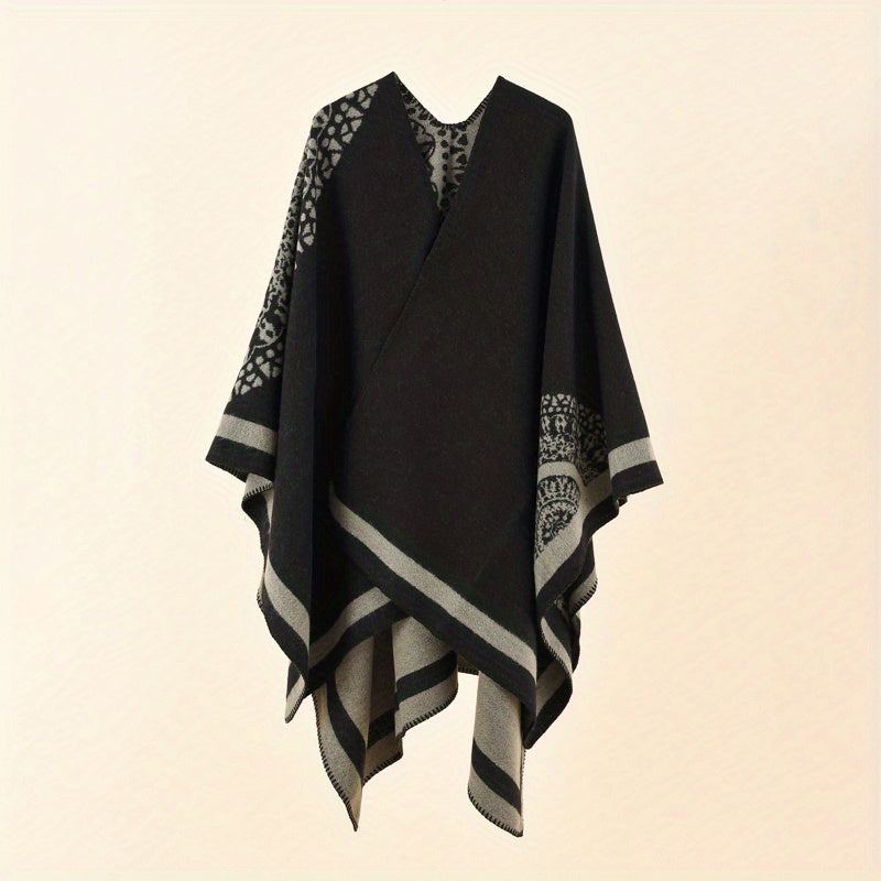Print Shawl Cape For Women Slit Warm Large Shawl Casual Windproof Sunscreen Wrap