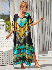  Tie Dye Cover Up Dress Women's V Neck Bat Sleeve Beach Casual