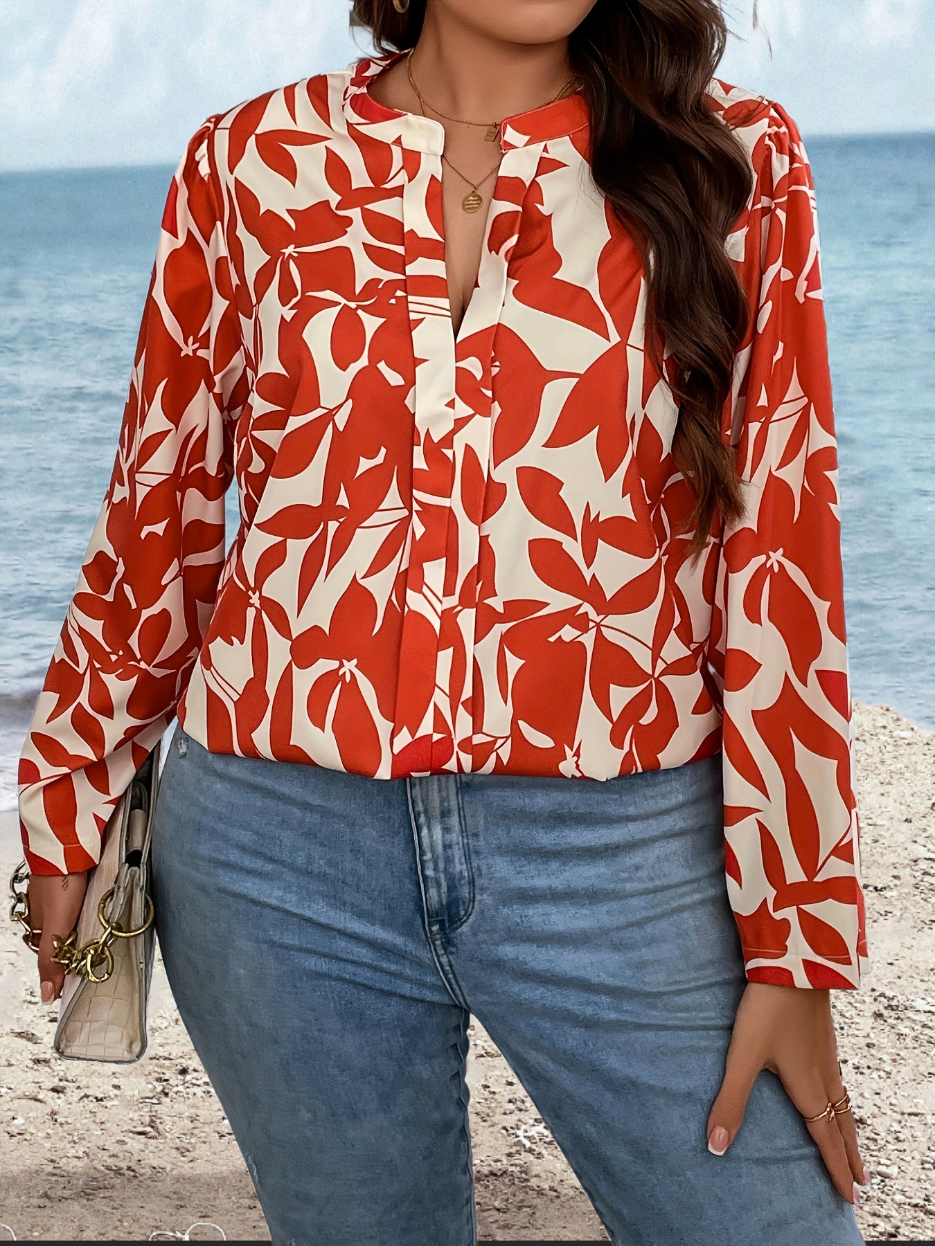  Floral Print Puff Sleeve Notched Neck Blouse