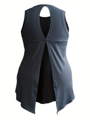  Sports Top Women's Plus Solid Round Neck Cut Out Split Back