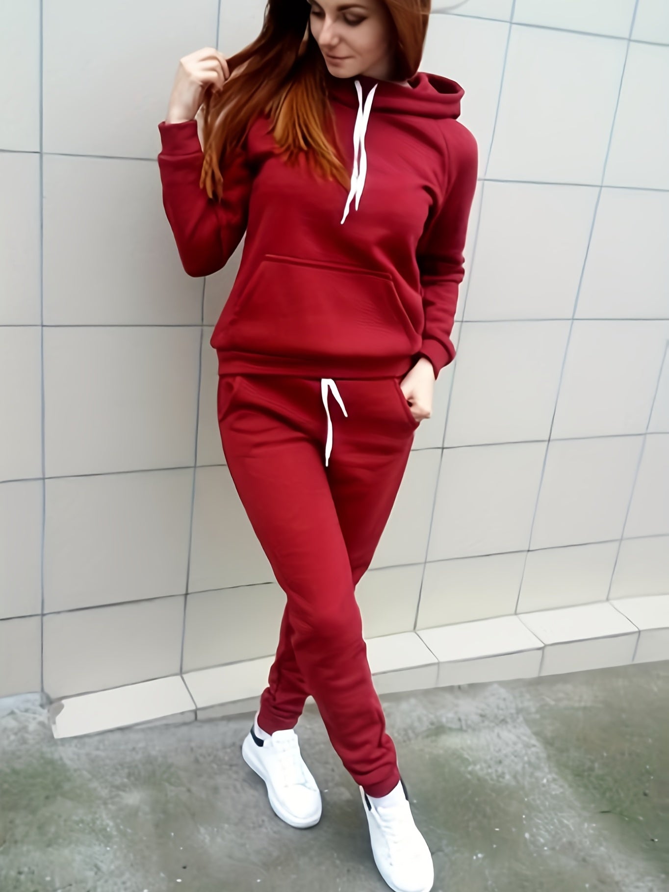 Solid Two-Piece Set Hoodie & Pants Outfit