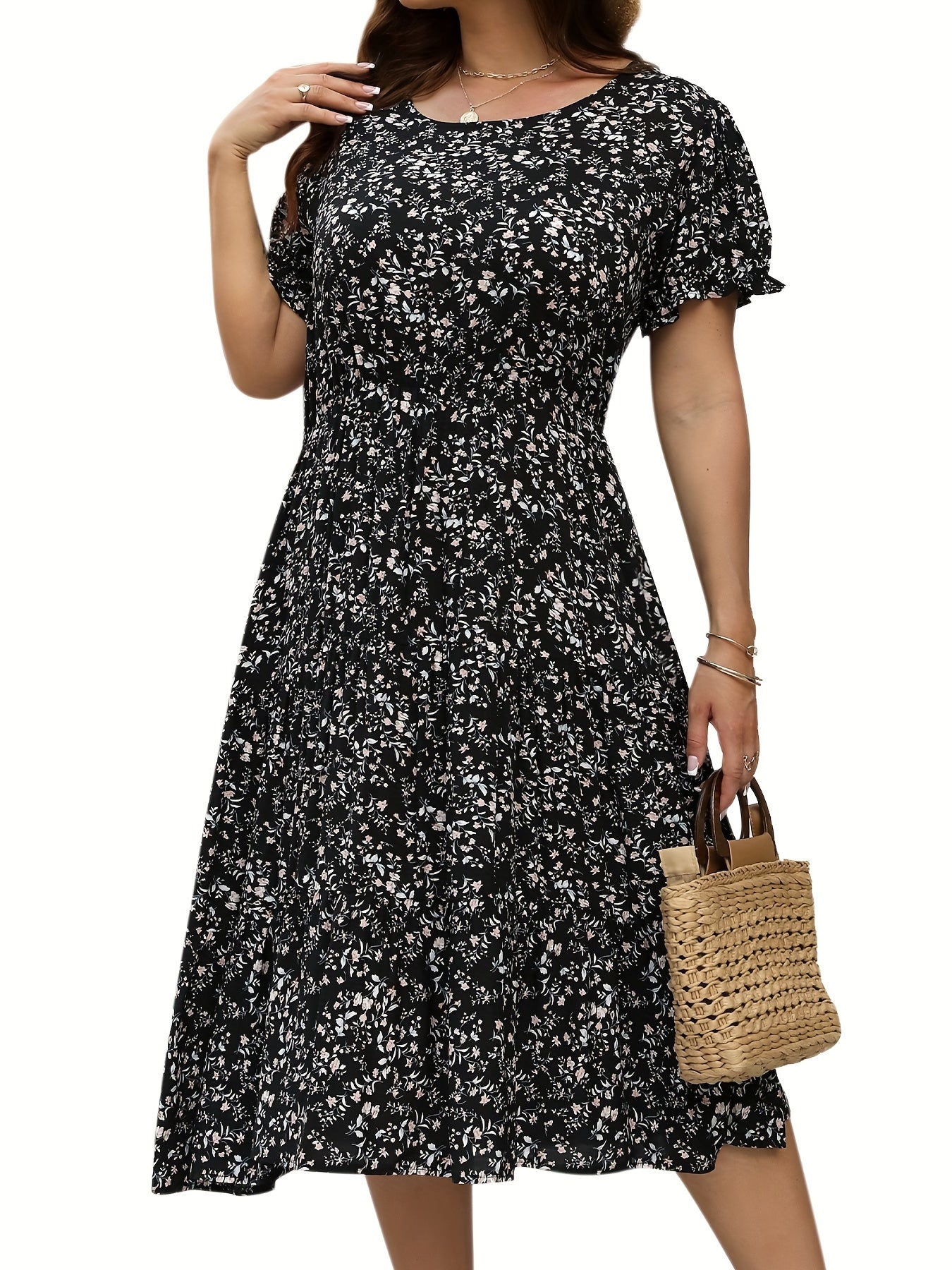  Women's Floral Print Round Neck Midi Smock Dress