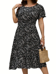  Women's Floral Print Round Neck Midi Smock Dress
