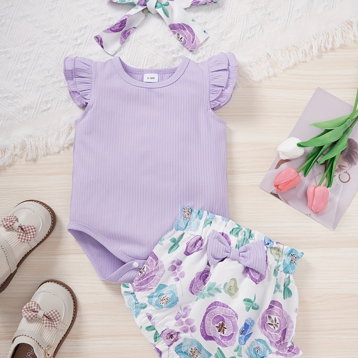 3pcs Baby Girls Ruffle Sleeve Onesie & Bow Shorts Set