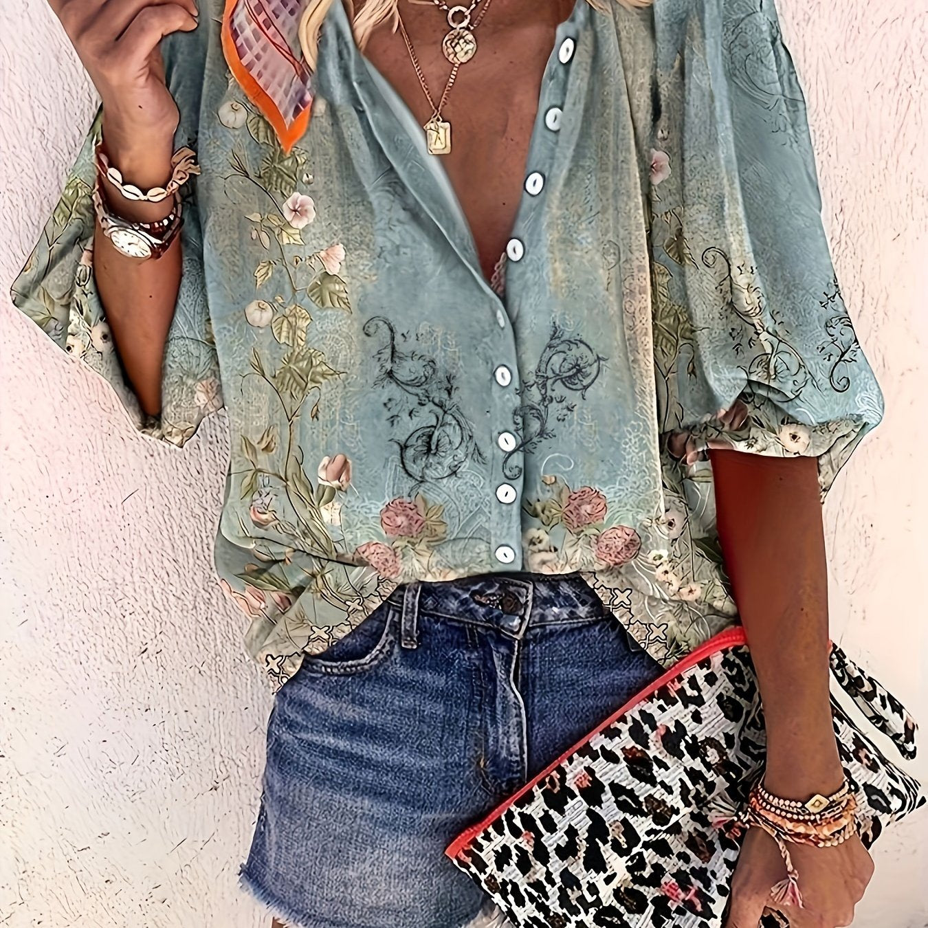  Floral Print Button Up Half Sleeve Top