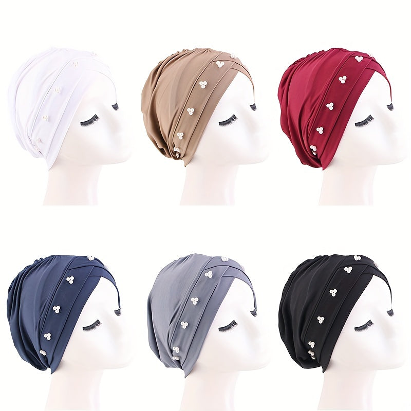 Faux Pearl Decor Turban Cap Solid Beanie Ruched Head Wrap