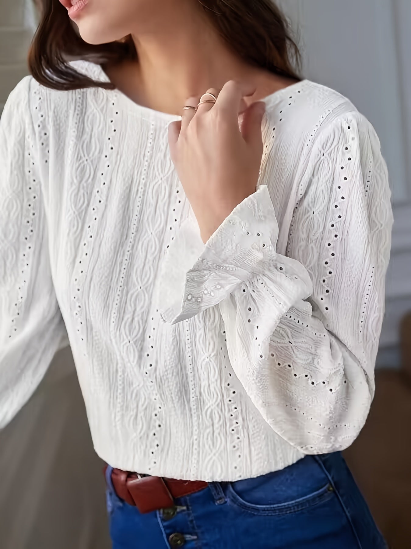  Eyelet Embroidery Sleeve Boat Neck Top