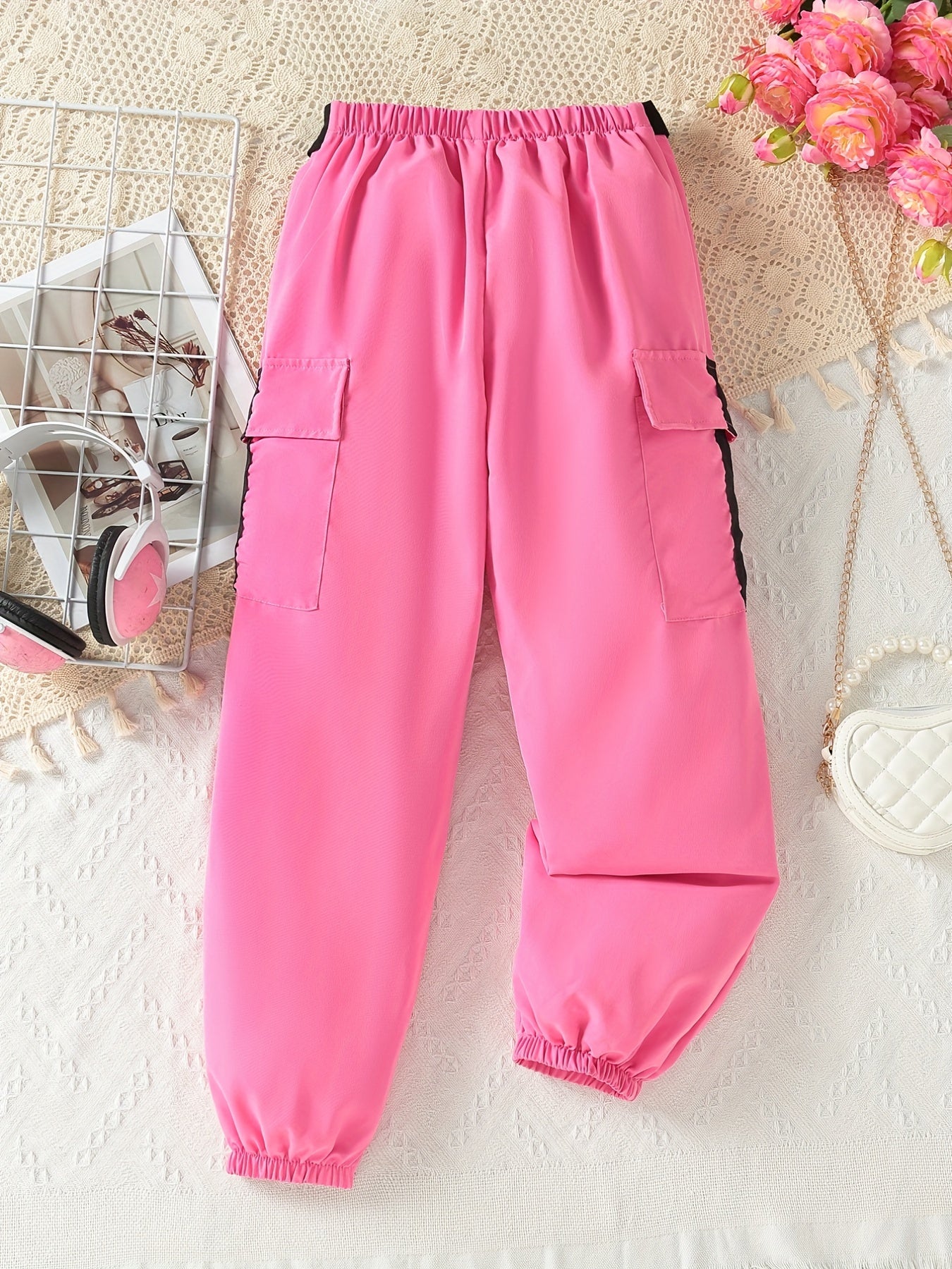 Girls' Casual Cargo Jogger Trousers with Pockets