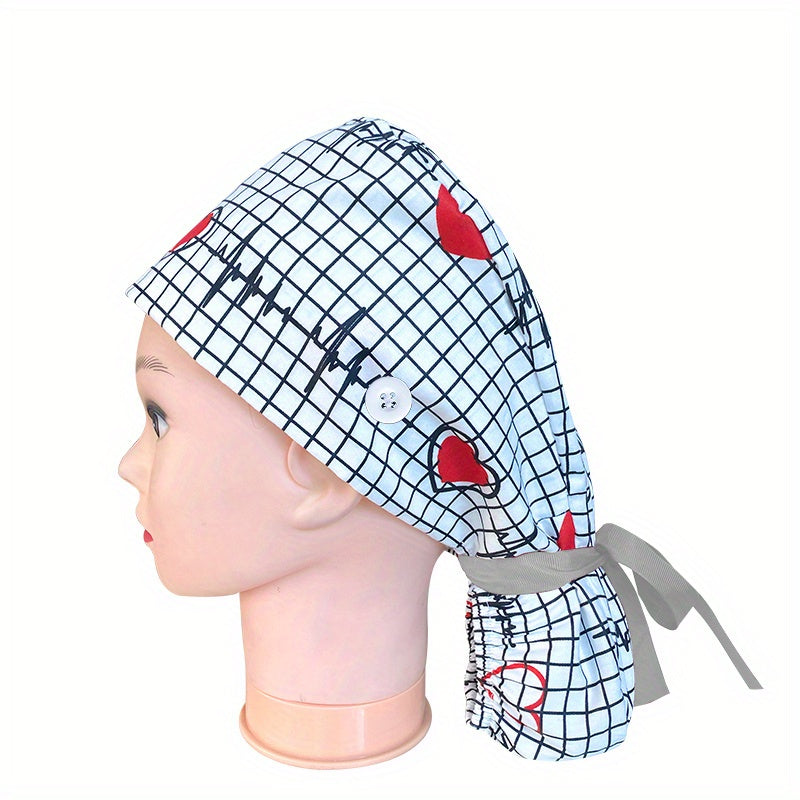 Love Heart Print Work Cap Adjustable Scrub Cap Nurse Hats