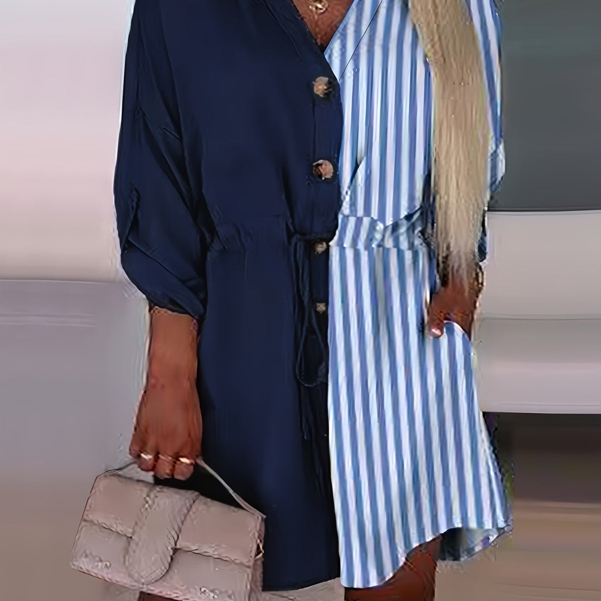  Colorblock Stripe Print Long Sleeve Shirt Dress