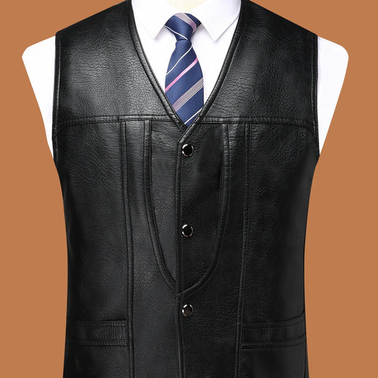 V Neck Smart PU Vest Men's Casual Solid Single Breasted Faux Leather Waistcoat