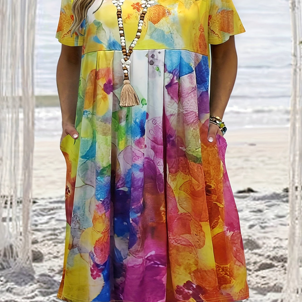 Floral Print Short Sleeve Plus Size Casual Dress With Pockets