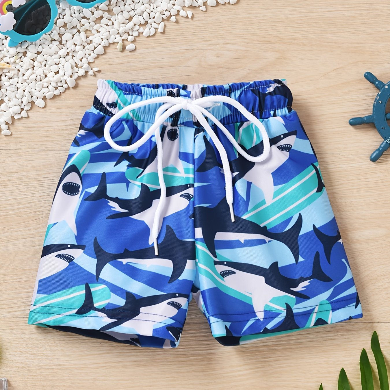 Boys Cartoon Print Drawstring Waist Shorts Swimsuit Trunk