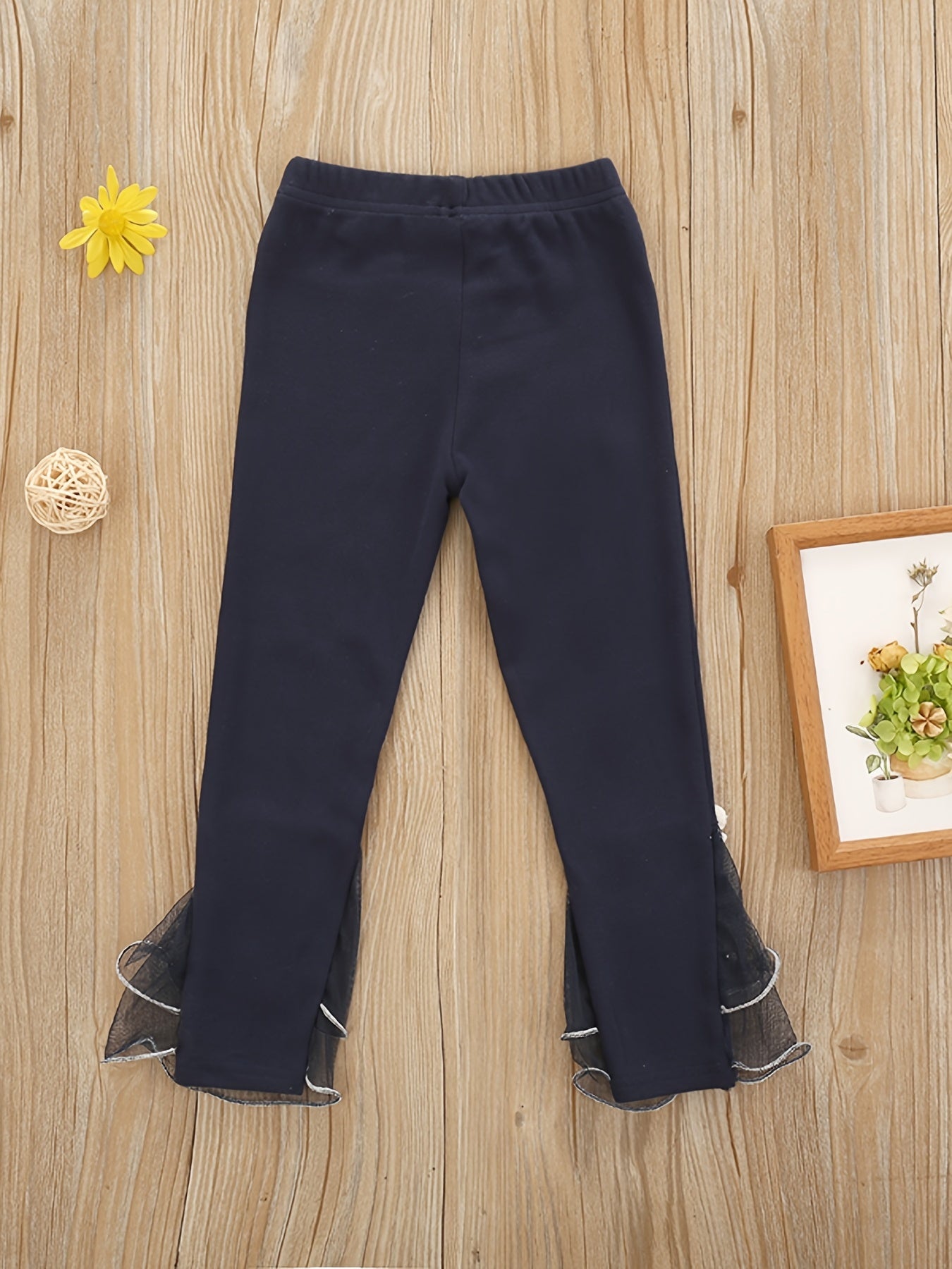 Girls Ruffle Mesh Trim Leggings With Bowknot