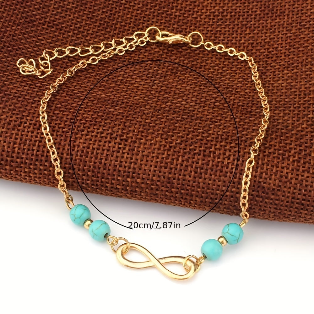 Round Turquoise Beads Chain Anklet 8 inch Foot Jewelry