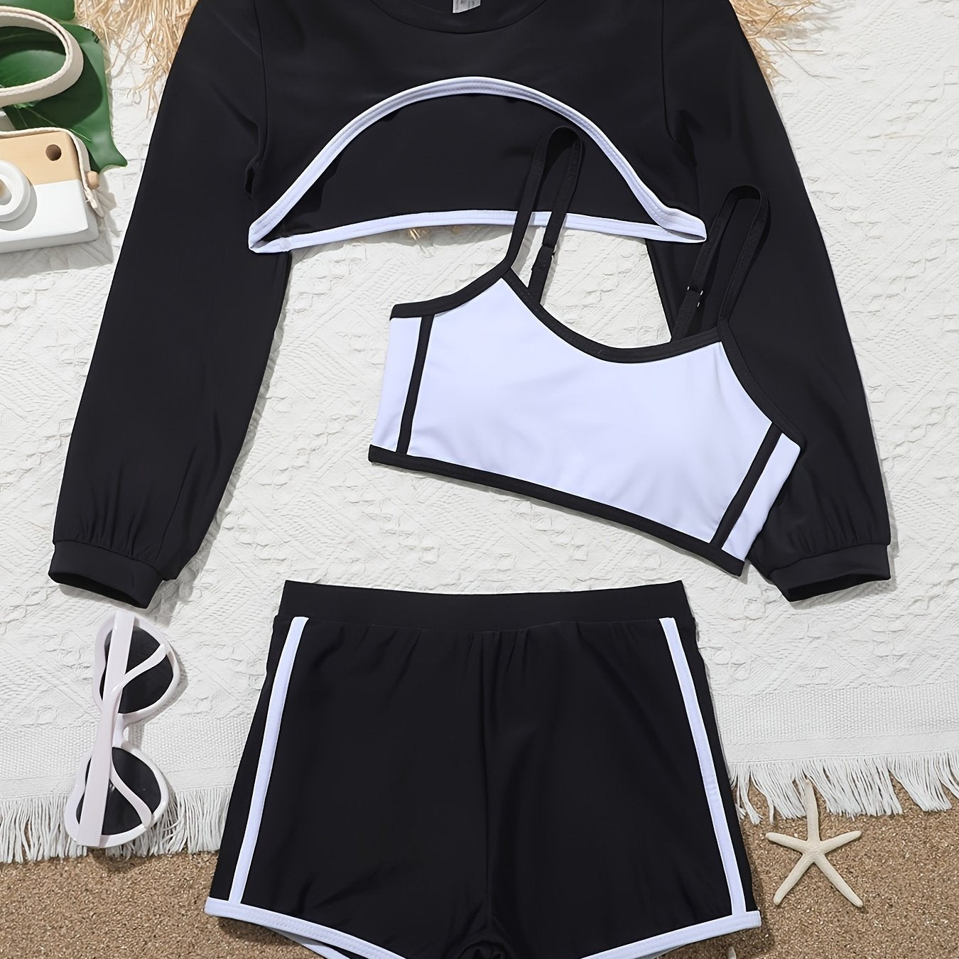 3Pcs Girls Swimsuit Set Cropped Long Sleeve Top Cami Top Shorts Bathing Suit Set