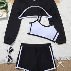 3Pcs Girls Swimsuit Set Cropped Long Sleeve Top Cami Top Shorts Bathing Suit Set