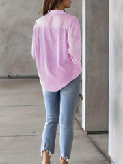  Stripe Print Button Up Long Sleeve Blouse