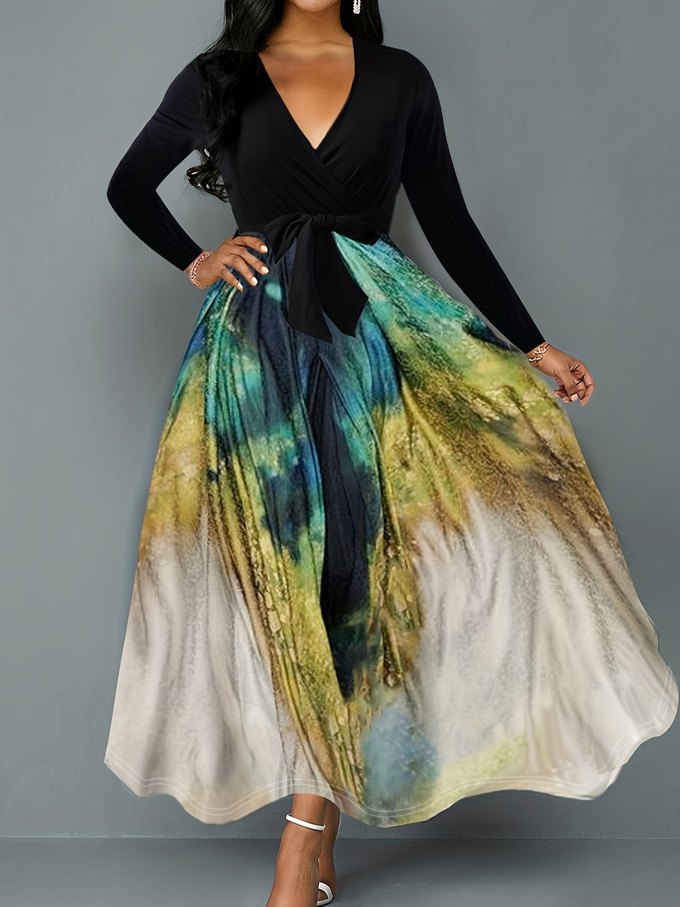  Colorblock Ombre Print Maxi Dress With Belt