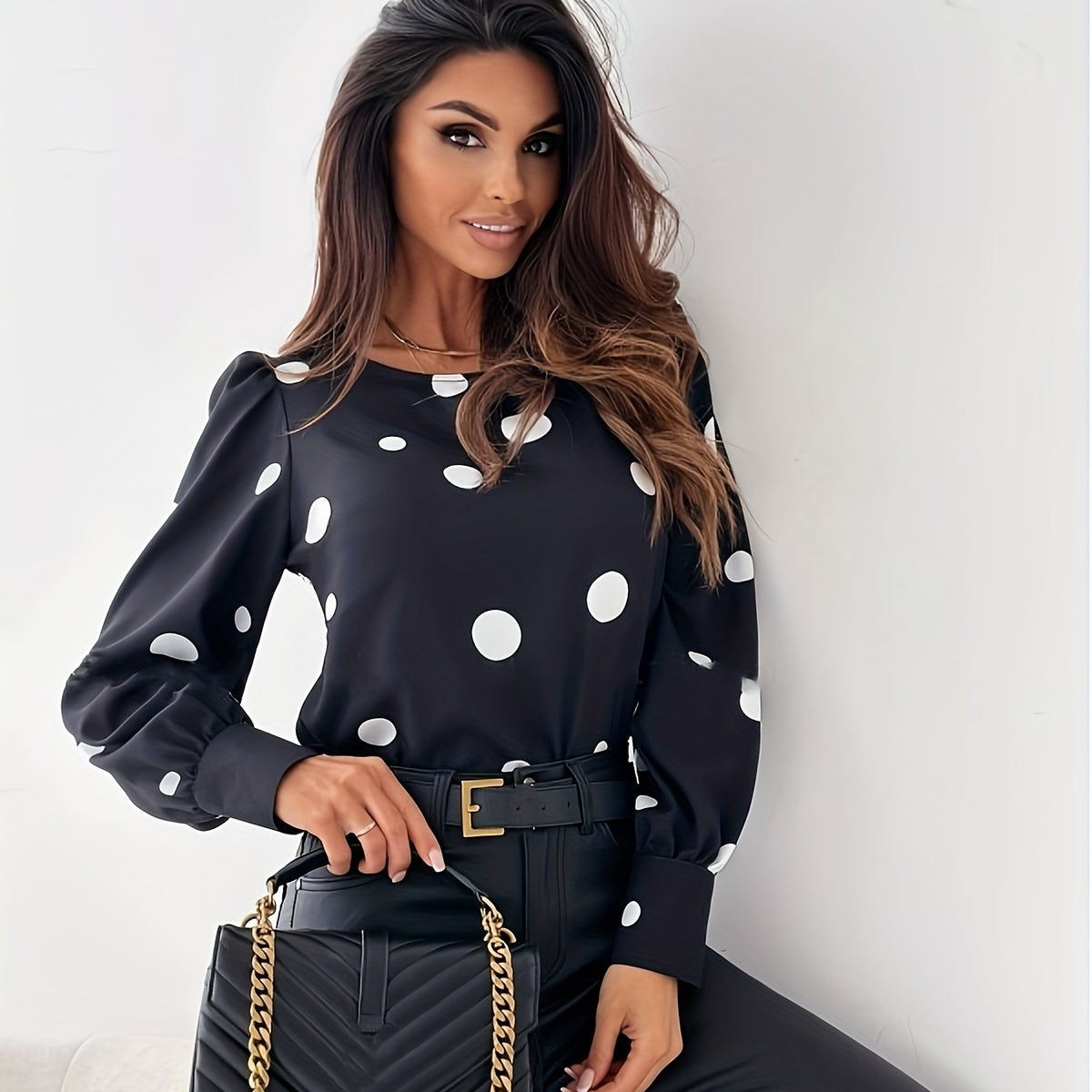  Dot Print Lantern Sleeve Blouse