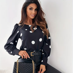  Dot Print Lantern Sleeve Blouse