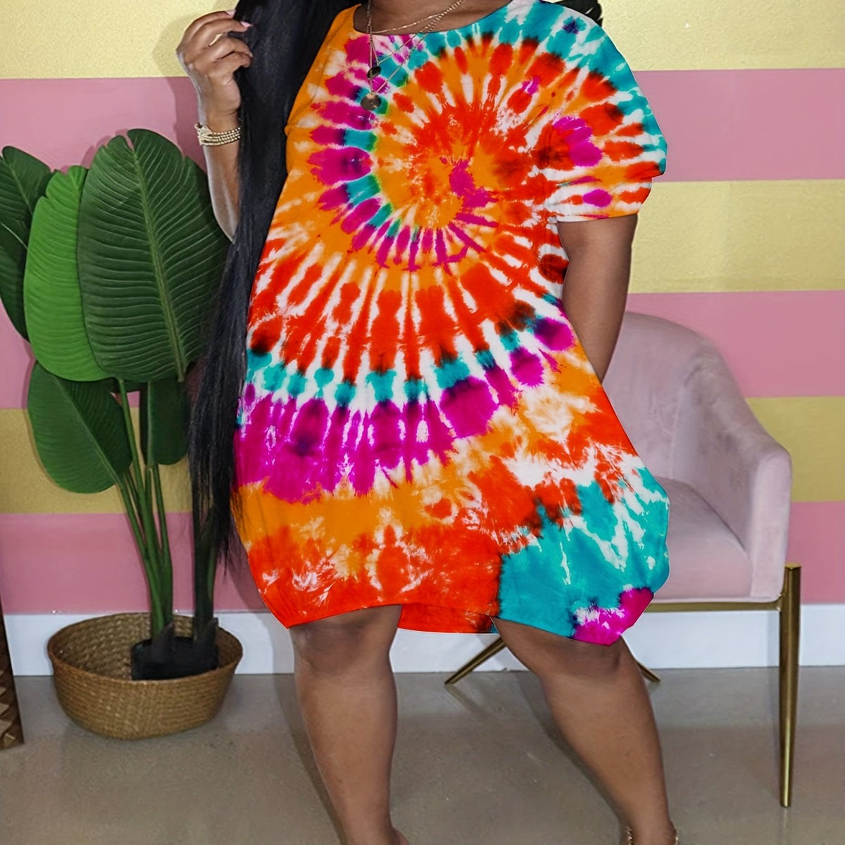  Tie Dye Short Sleeve Dress With Pockets