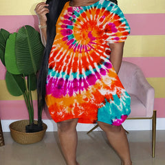  Tie Dye Short Sleeve Dress With Pockets