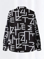  Letter Print Button Up Collar Blouse