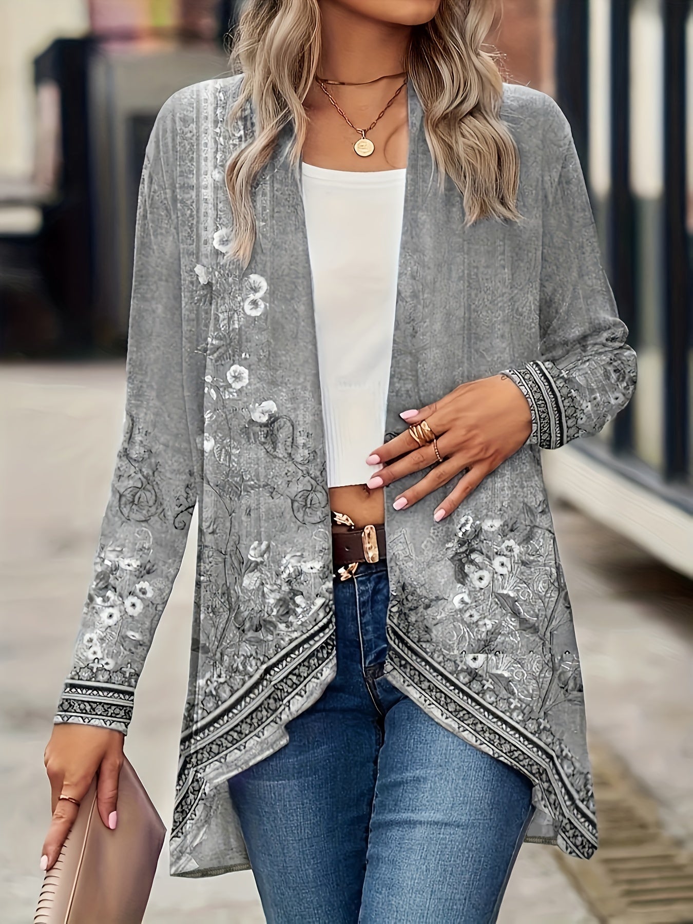  Floral Print Long Sleeve Open Front Cardigan