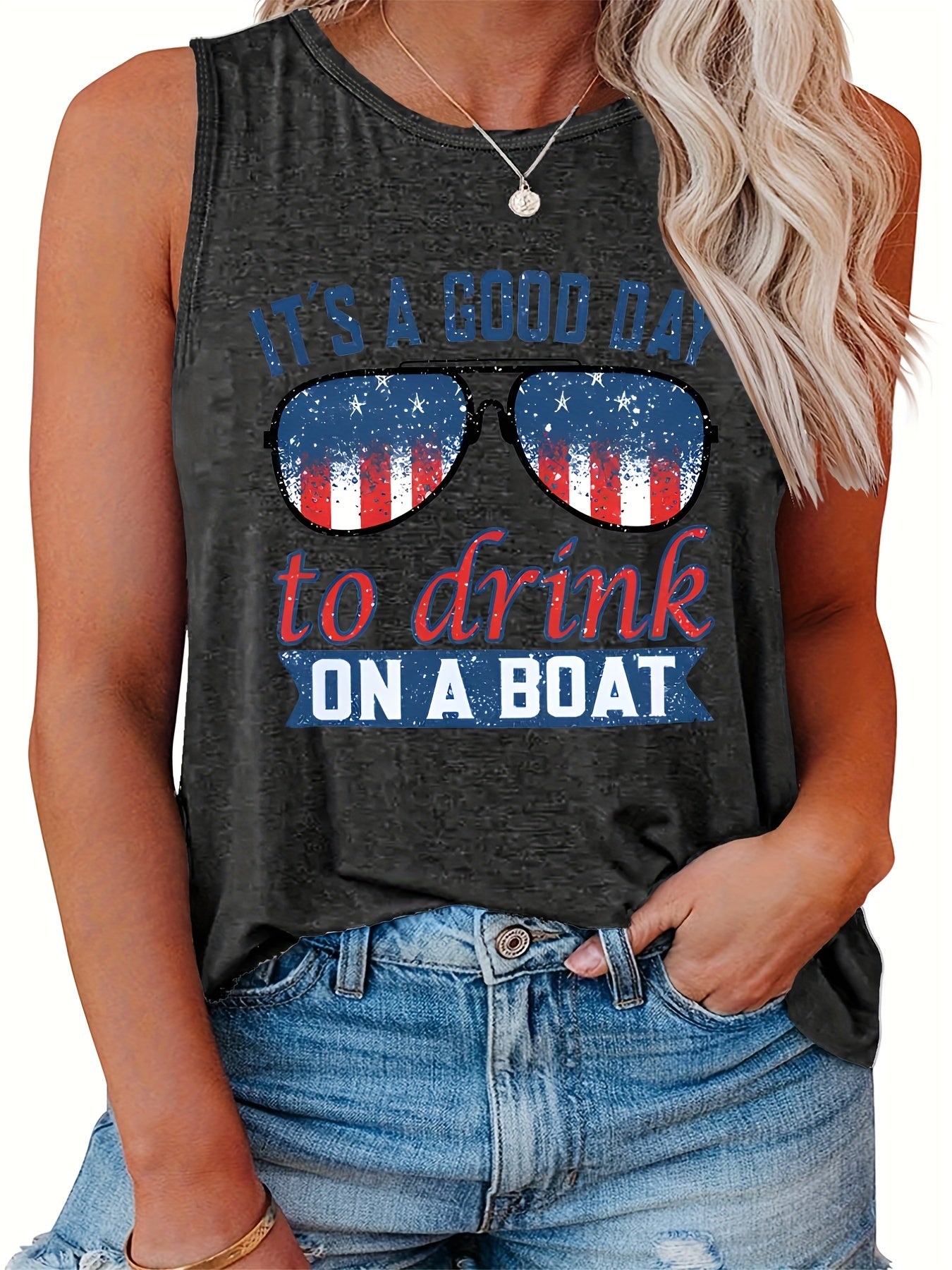  Casual Tank Top Women's Plus Flag Pattern Glasses & Slogan Print