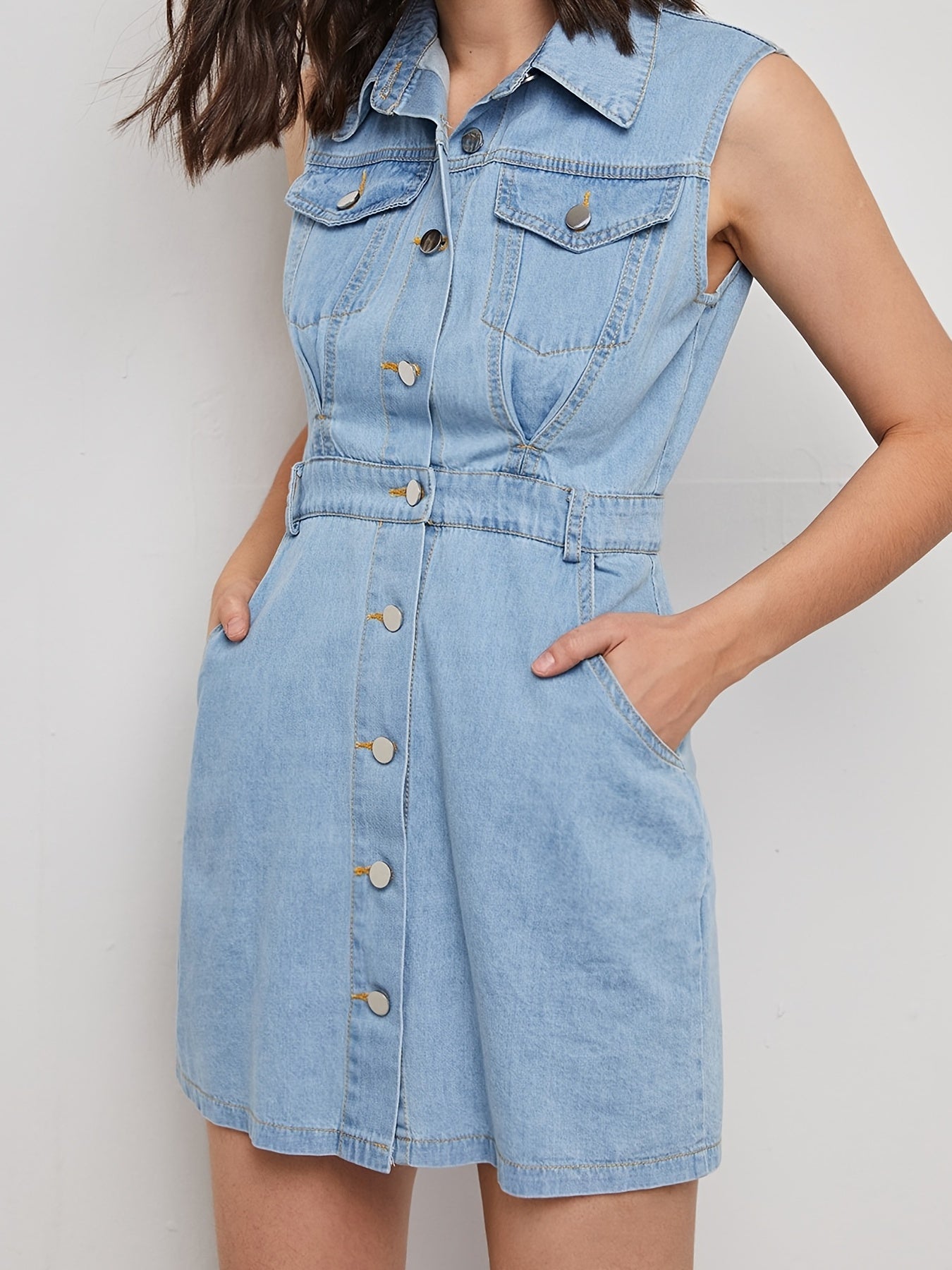 Button Denim Dress Flap Pockets Sleeveless Non Stretch Lapel Denim Dress