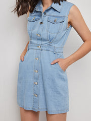 Button Denim Dress Flap Pockets Sleeveless Non Stretch Lapel Denim Dress