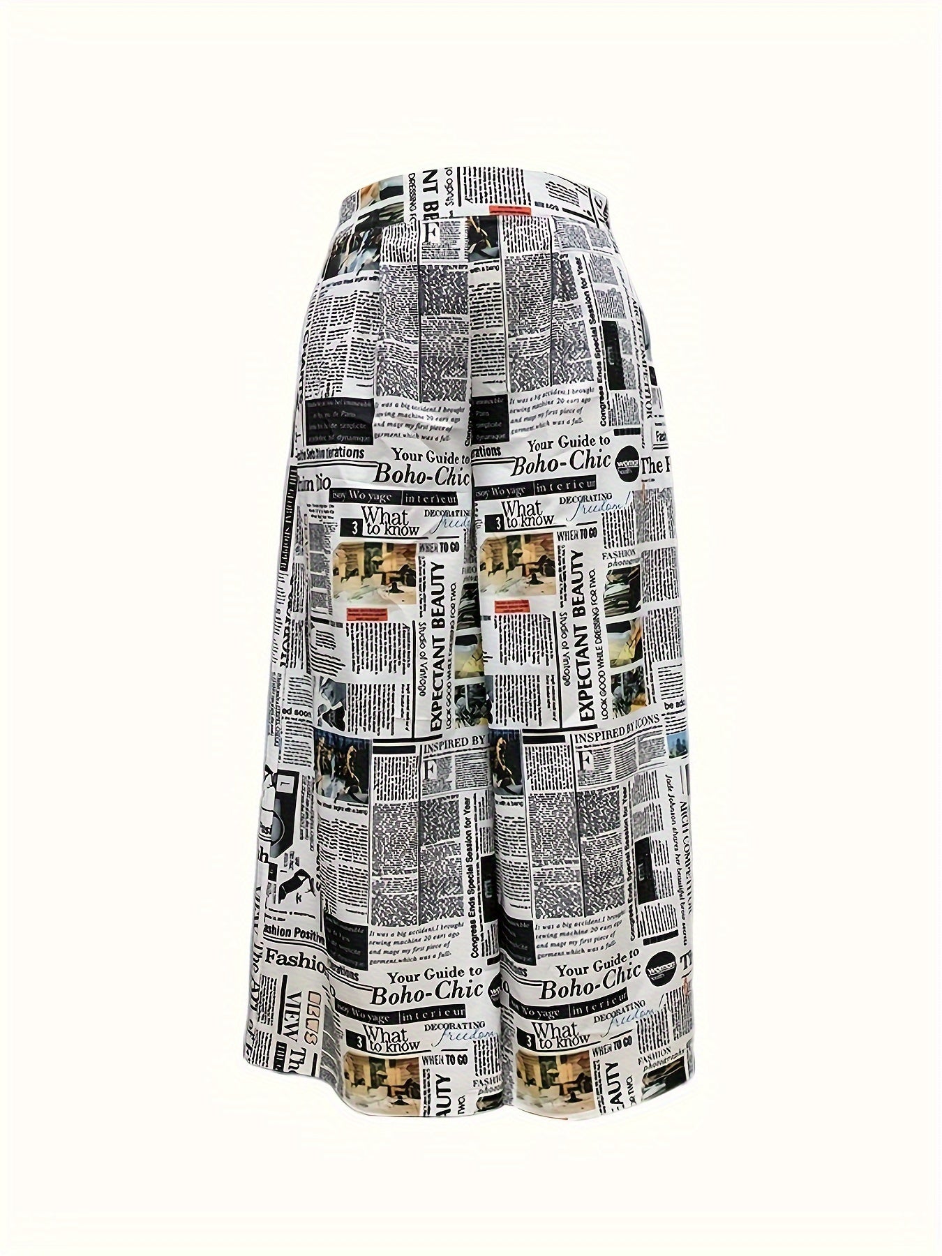 Newspaper Print Wide Leg Trousers High Rise Elastic Waist