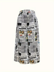 Newspaper Print Wide Leg Trousers High Rise Elastic Waist