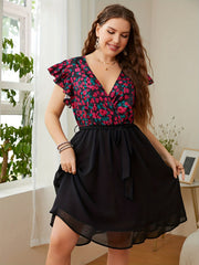 Floral Ruffle Sleeve Surplice Neck Summer Dress With Belt