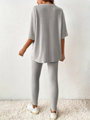 Ribbed Knit Two piece Set Drop Shoulder Short Sleeve T shirt & Slim Pants