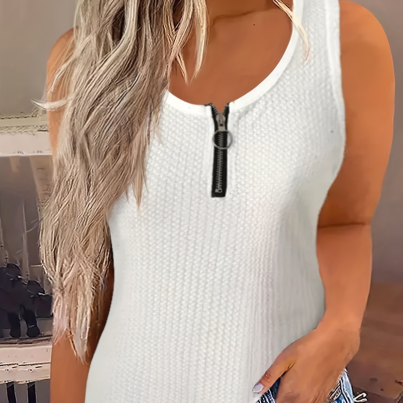  Solid Waffle Round Neck Tank Top