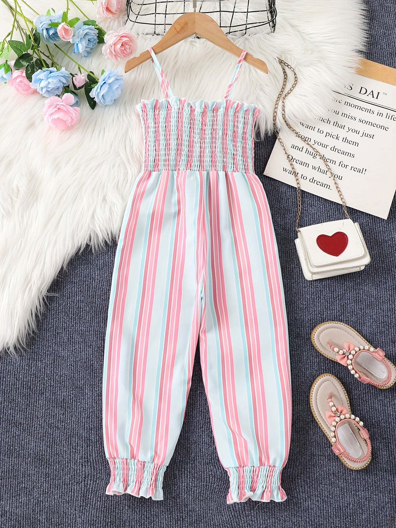 Toddler Girls Striped Frill Trim Cami Rompers for Beach Vacation