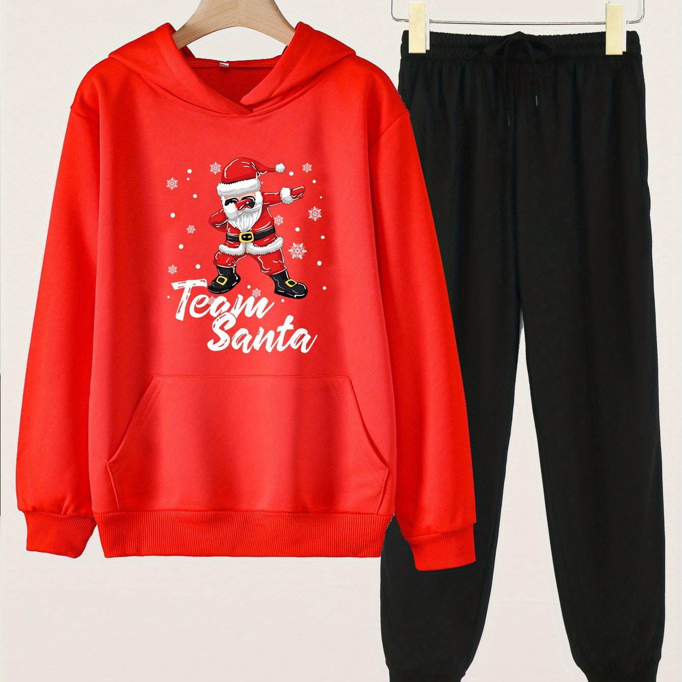 2pcs Santa Print Hoodies Jogger Pants Set For Girls Christmas Gift