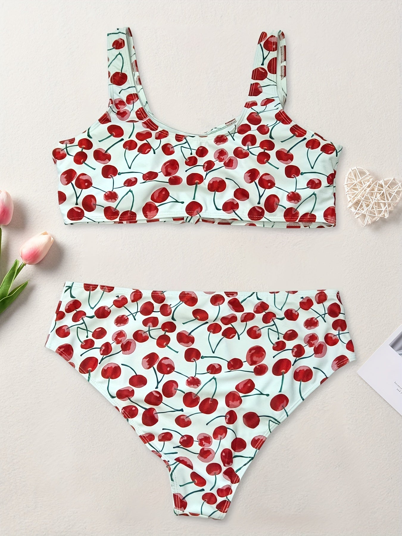  Cherry Print Cut Out Two Piece Swimsuit Set