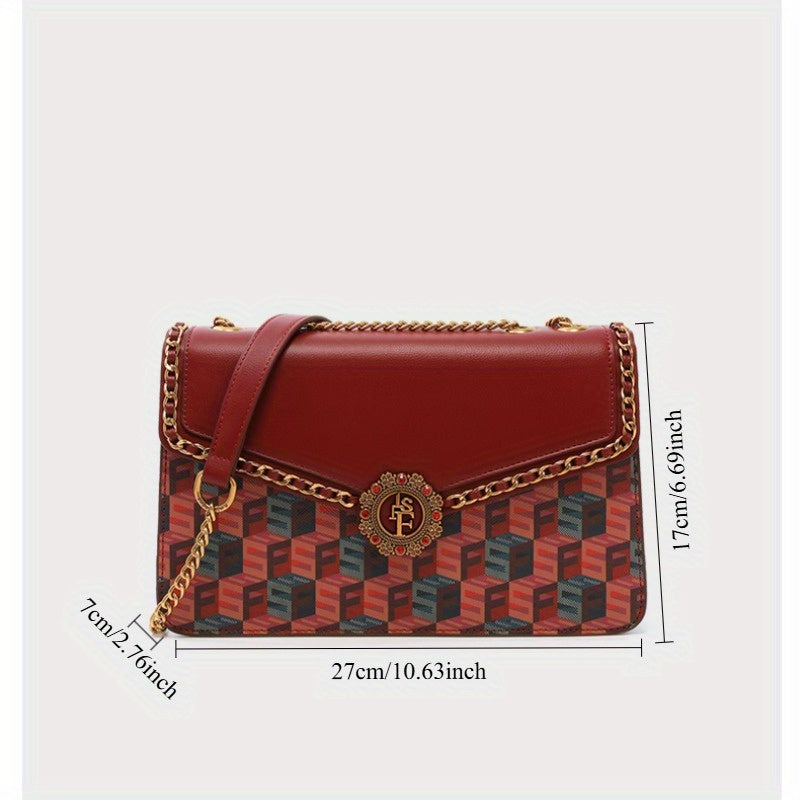 Rose Red Handcrafted Women's Bag with Golden Chain Strap & Rivet Details