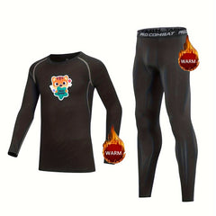 Kids Cat Print Fleece Compression Base Set - Long Sleeve Shirt & Leggings